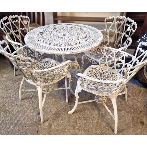 551 - Good quality weathered cast metal pierced garden table of circular form. 81cm diameter approx. toget... 