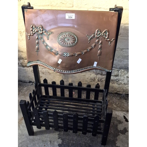 554 - Cast iron dog grate with copper repoussé fire guard, overall with swags and ribbons.   (B.P. 21% + V... 