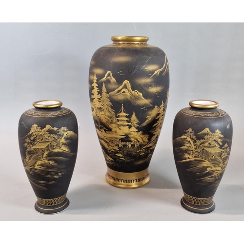 57 - Garniture of three similar Japanese export porcelain over gilded baluster shaped vase, decorated wit... 