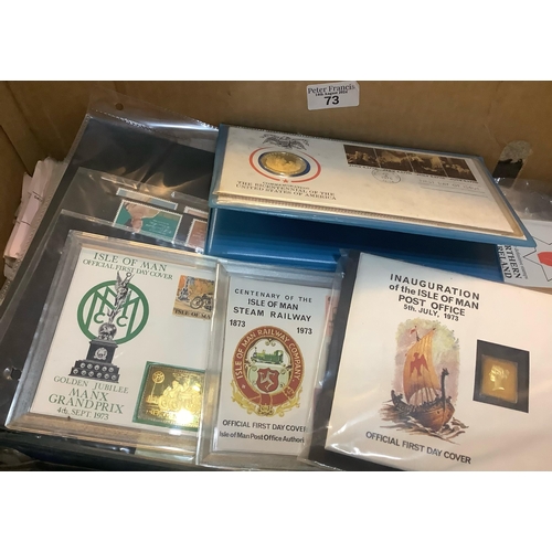 73 - Box with all World selection in packets, two albums of First Day Covers and four Isle of Man Ingot F... 