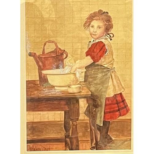 147 - Helena Jane Maguire (British 1860-1909), little girl washing clothes, signed. Watercolours. 35x24cm ... 