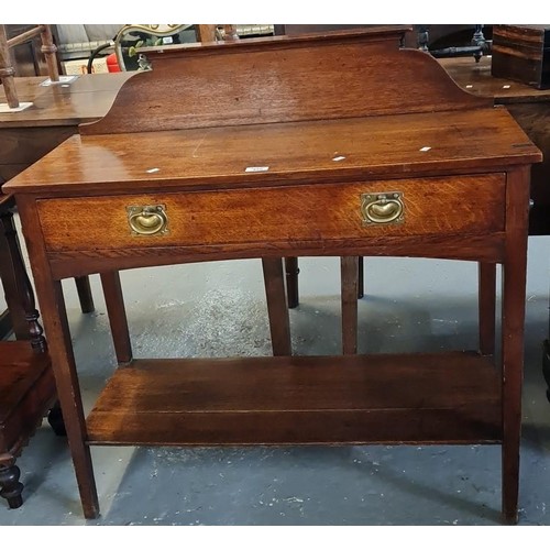 475 - Arts and Crafts oak gallery back side/console table with single drawer and under tier on square tape... 