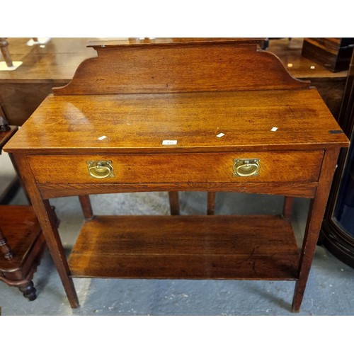 475 - Arts and Crafts oak gallery back side/console table with single drawer and under tier on square tape... 