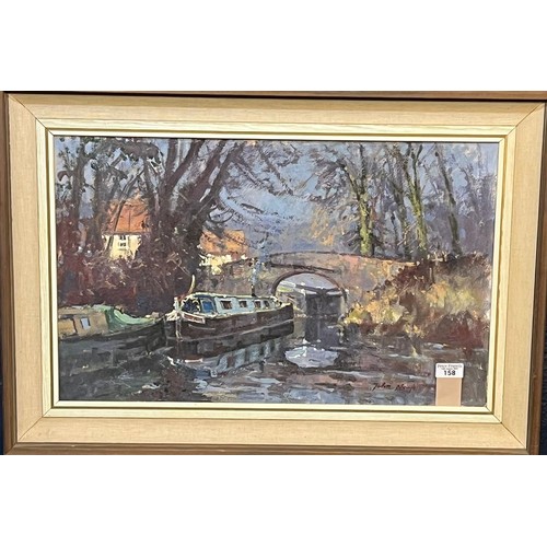 158 - John Nook (??), British canal scene with narrowboats, bridge and lock gates, signed. Oils on board. ... 