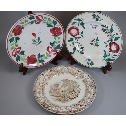 184 - Two 'Persian Rose' design pottery plates, probably Llanelly, together with a transfer printed potter... 