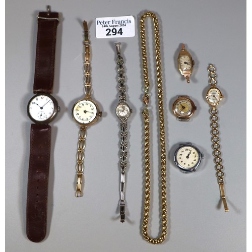 294 - Collection of gold and other ladies' wristwatches, gilt metal chain and early, 1900s silver wristwat... 