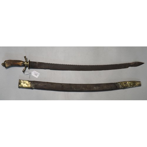 195 - Unusual 17th or early 18th century hunting hanger, having brass mounted horn grip and saw backed cur... 