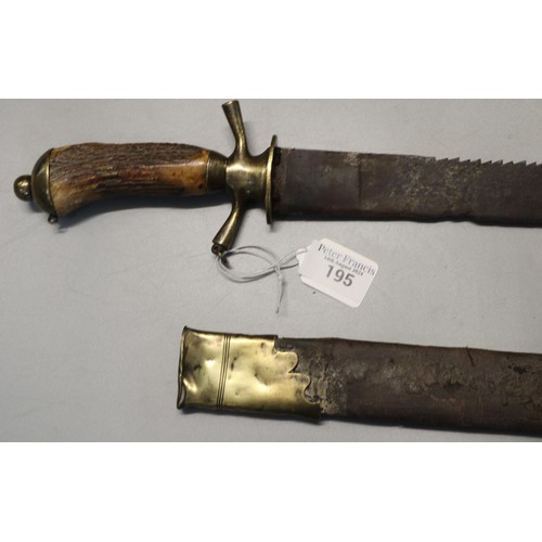 195 - Unusual 17th or early 18th century hunting hanger, having brass mounted horn grip and saw backed cur... 