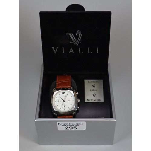 295 - Vialli gentleman's steel two button triple dial chronograph wristwatch on leather strap in original ... 