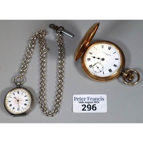 296 - Thomas Russell & Son of Liverpool gold plated keyless half hunter pocket watch with Roman face havin... 