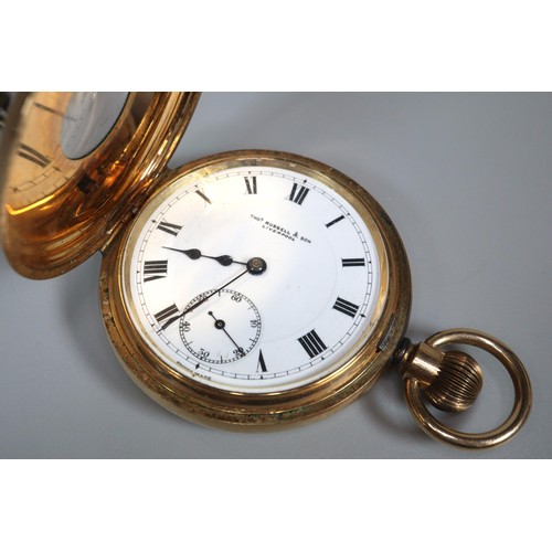 296 - Thomas Russell & Son of Liverpool gold plated keyless half hunter pocket watch with Roman face havin... 