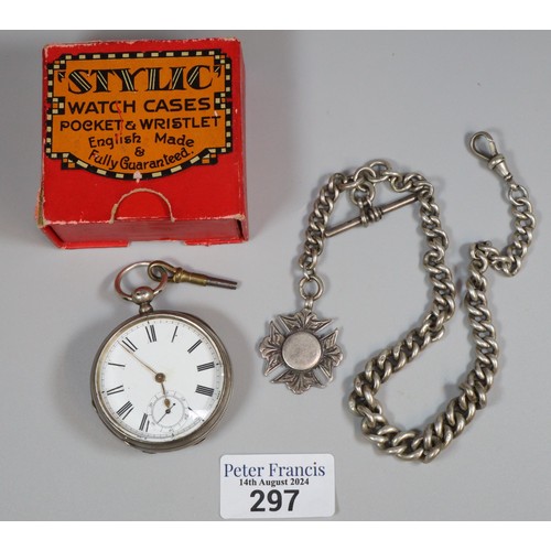 297 - Silver keyless open faced pocket watch with Roman numerals and seconds dial together with a heavy si... 