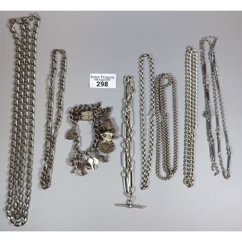 298 - Collection of assorted and other watch chains, charm bracelet etc., various. (Not all silver). (B.P.... 