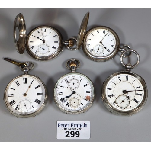 299 - Collection of silver pocket watches to include: Continental sweep seconds two dial chronograph, two ... 