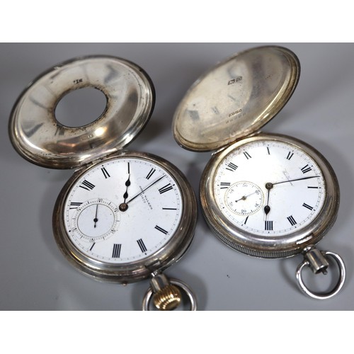 299 - Collection of silver pocket watches to include: Continental sweep seconds two dial chronograph, two ... 