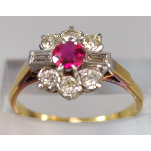 248 - 18ct gold and platinum diamond and ruby flowerhead ring. 3.5g approx. Size P. (B.P. 21% + VAT)