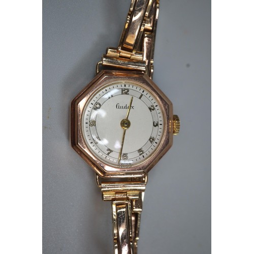 301 - Ladies' Audax 9ct gold octagonal case wristwatch with Arabic numerals and gold expanding bracelet. 1... 