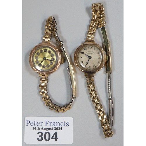 304 - Two ladies' gold open faced wrist watches in indented cases, both with expanding plated bracelet str... 