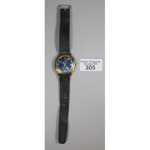 305 - Orfina 'Golden Flame' gold plated gentleman's wristwatch with blue face, having baton numerals and d... 