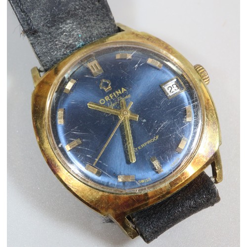 305 - Orfina 'Golden Flame' gold plated gentleman's wristwatch with blue face, having baton numerals and d... 