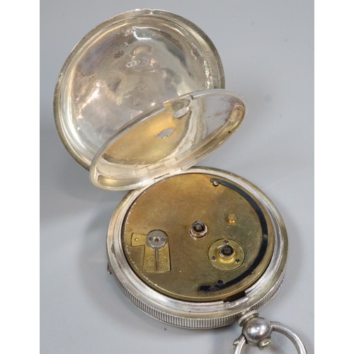 302 - Silver open faced key wind pocket watch with Roman numerals and seconds dial on a long silver curb l... 