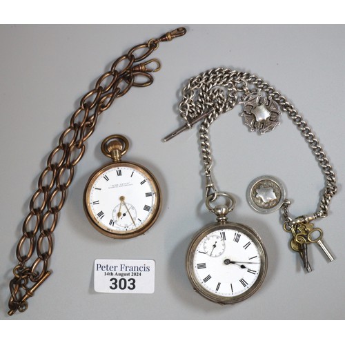 303 - Silver key wind open faced pocket watch with Roman numerals and seconds dial on a silver double leng... 