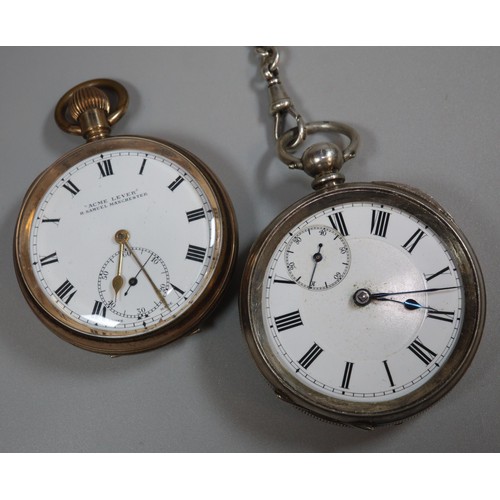 303 - Silver key wind open faced pocket watch with Roman numerals and seconds dial on a silver double leng... 