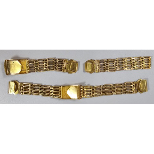 307A - Two similar yellow metal gate type watch straps, probably high carat gold. Overall 58g approx. (B.P.... 