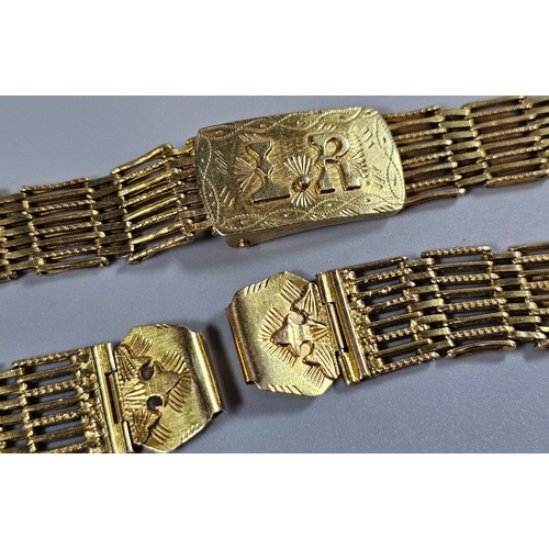 307A - Two similar yellow metal gate type watch straps, probably high carat gold. Overall 58g approx. (B.P.... 