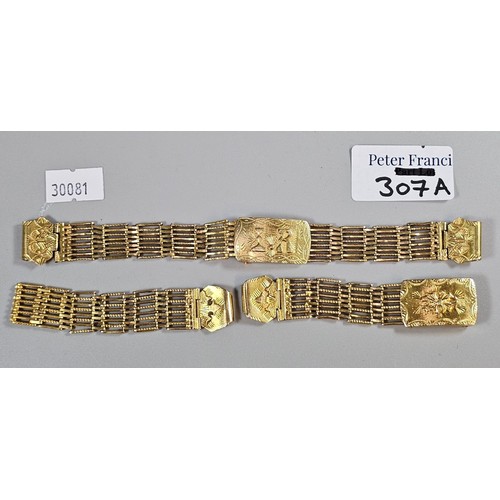 307A - Two similar yellow metal gate type watch straps, probably high carat gold. Overall 58g approx. (B.P.... 