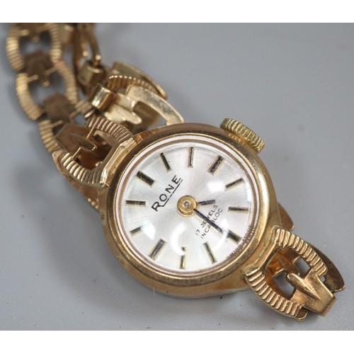 308 - 9ct gold Rone ladies' small head bracelet cocktail watch in original box. 10g approx. (B.P. 21% + VA... 