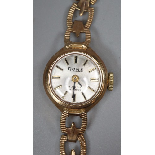 308 - 9ct gold Rone ladies' small head bracelet cocktail watch in original box. 10g approx. (B.P. 21% + VA... 