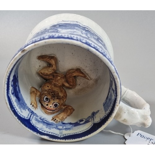 11 - 19th century Welsh pottery blue and white transfer printed frog mug.  Unmarked, probably Swansea.   ... 