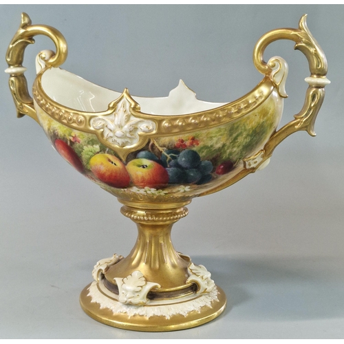 10 - Royal Worcester porcelain boat shaped pedestal centre piece, hand-painted with cherries, apples and ... 