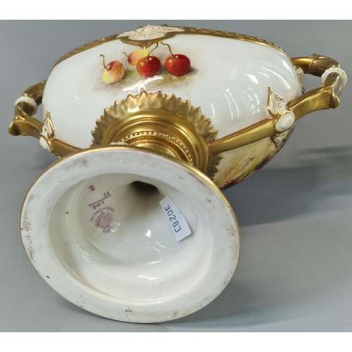 10 - Royal Worcester porcelain boat shaped pedestal centre piece, hand-painted with cherries, apples and ... 