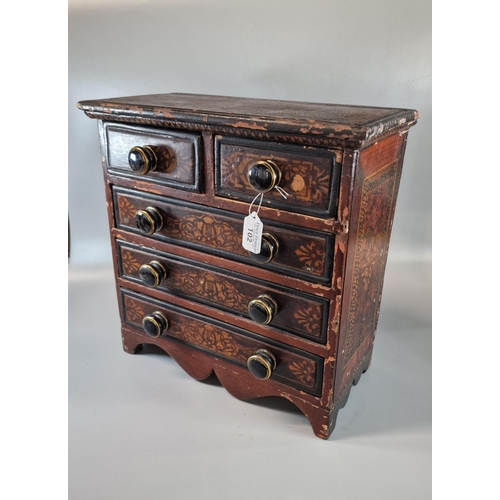 102 - Victorian pine miniature apprentice straight front chest of drawers with ceramic, ebonised and gilde... 