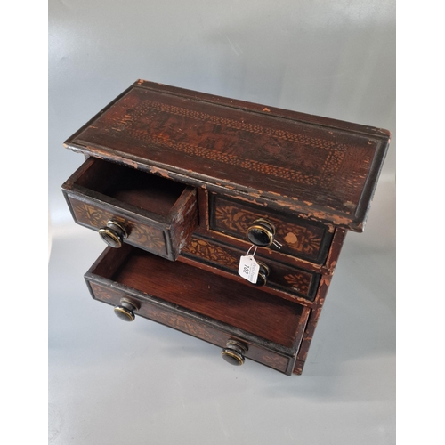 102 - Victorian pine miniature apprentice straight front chest of drawers with ceramic, ebonised and gilde... 