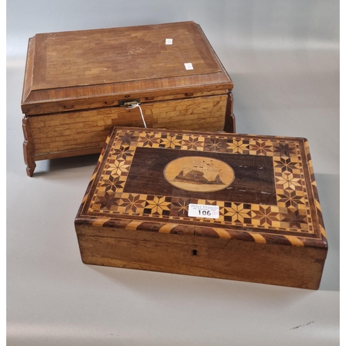 106 - 19th century walnut and mixed woods marquetry and parquetry work box, together with another parquetr... 