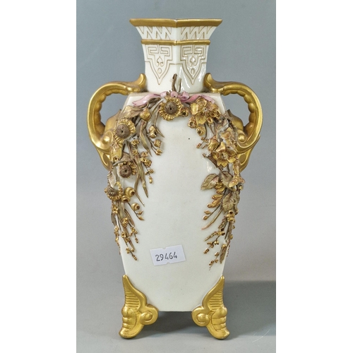 11 - 19th century Royal Worcester porcelain two handled square section vase with gilded mounts and gilded... 