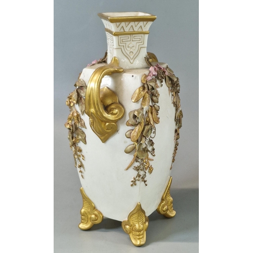 11 - 19th century Royal Worcester porcelain two handled square section vase with gilded mounts and gilded... 