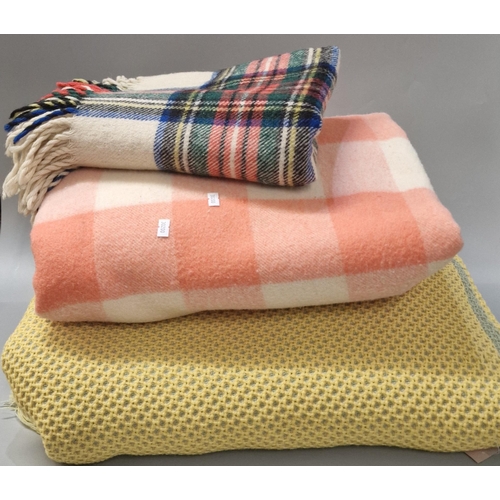 111 - Vintage yellow and green honeycomb design blanket together with a plaid blanket and a pink and cream... 