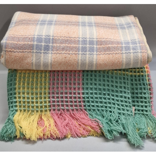 114 - Cream, orange and blue woollen checked blanket together with a multi-coloured honeycomb blanket (2) ... 