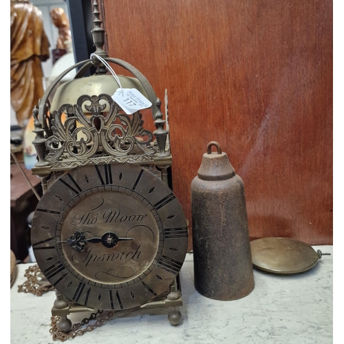 117 - 17th century style brass hook and spike lantern clock, having Roman chapter ring to the face marked ... 