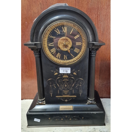 118 - Late 19th century black slate architectural two train mantle clock of good proportions, having black... 