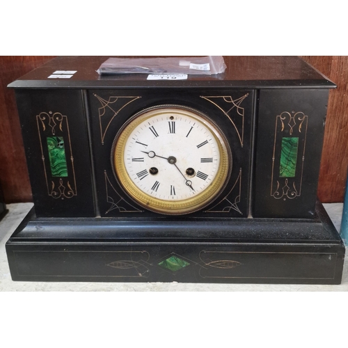 119 - Late 19th century black slate two train mantle clock of architectural form with white enamelled face... 