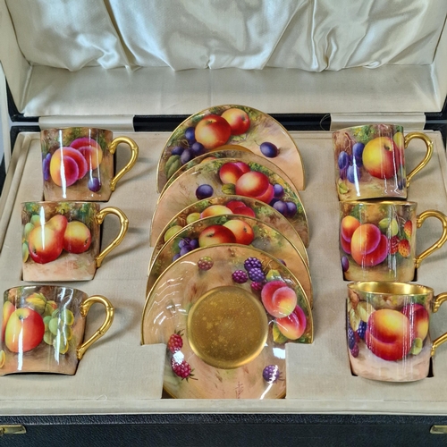 13 - Twelve piece Royal Worcester porcelain set of six coffee cans and six saucers, hand-painted with var... 