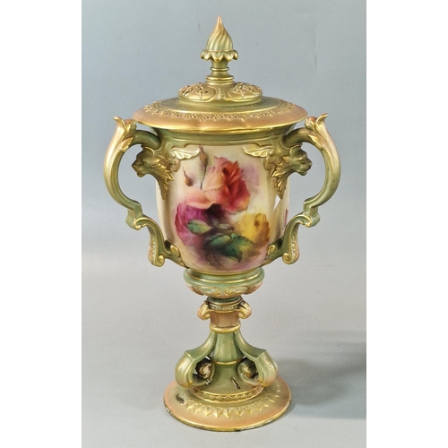 14 - Hadley Ware, a Royal Worcester Tyg type vase and cover, the reticulated cover above hand-painted pan... 