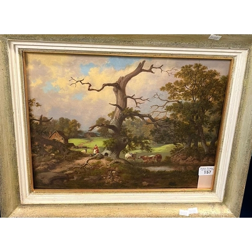 157 - British School (18th/19th century), ancient oak tree with milkmaid, cattle and sheep. Oils on panel.... 