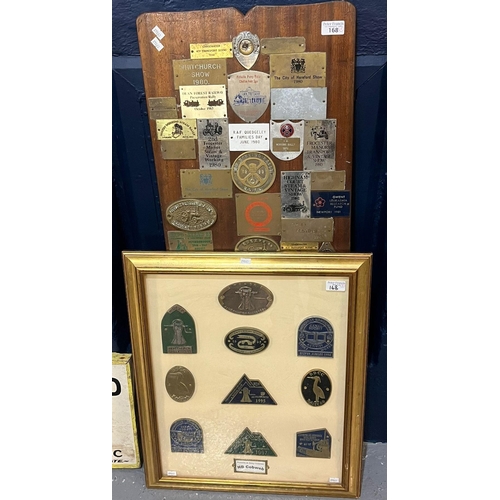 168 - A framed collection of canal boat or narrowboat brass and aluminium rally plaques. Framed and glazed... 