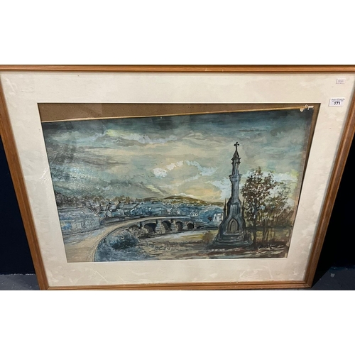 171 - M Brown, river bridge with memorial and distant village, signed, watercolours. 52x72cm approx. Frame... 